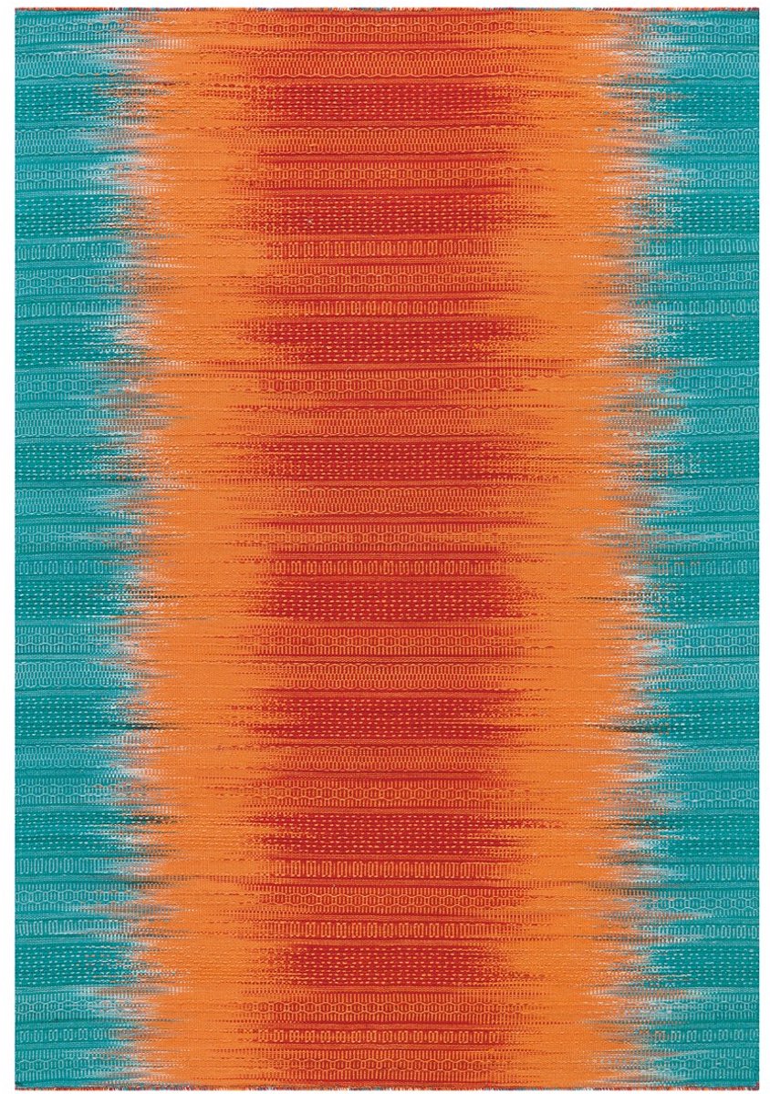 Padiro vlakgeweven vloerkleed 90 x 160 cm - oranje / blauw - modern streeppatroon - geschikt voor vloerverwarming - van wol en katoen