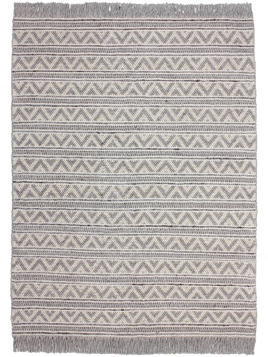 Padiro laagpolig vloerkleed 80 x 150 cm - grijs - modern geometrisch patroon - met franjes - geschikt voor vloerverwarming - van wol en viscose
