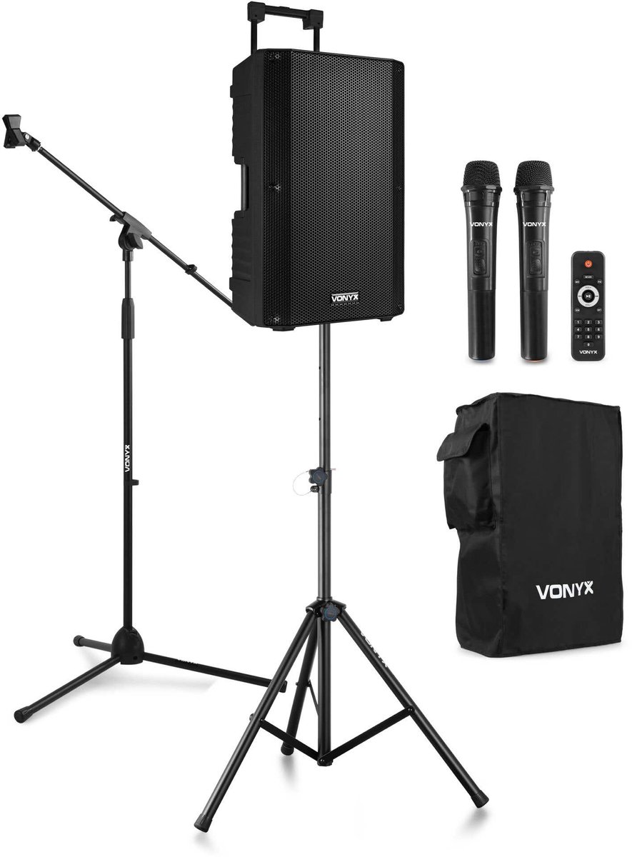 Vonyx VSA700 ABS 15 speaker set met beschermhoes, luidsprekerstatief en microfoonstandaard - 1000W