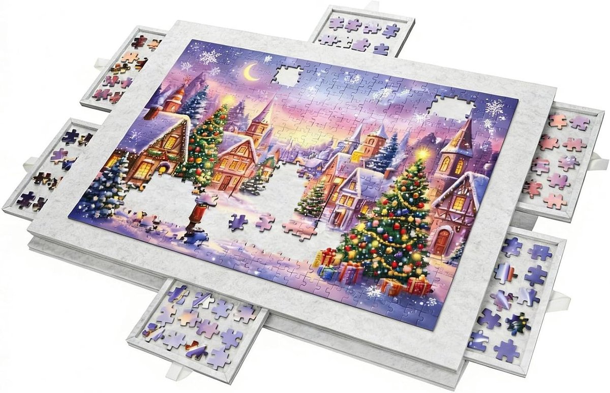 Vilten Puzzelbord - Puzzeltafel Opvouwbaar - Puzzelstukjes Sorteren - Met 6 Sorteerladen - 77 x 52 cm - Wit