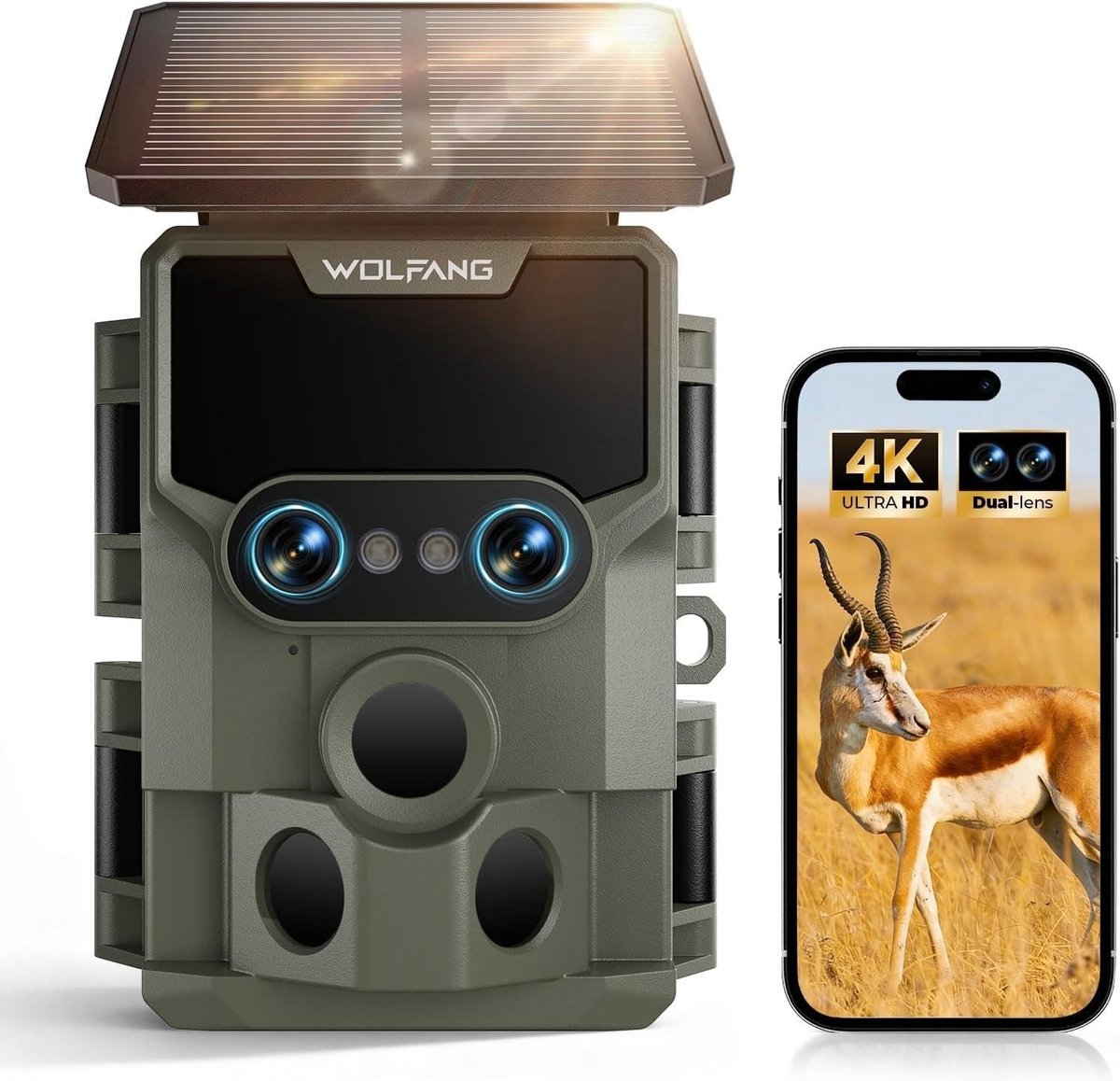 Wildcamera - Zwart - 64MP 4K Dual Lens - Zonne-energie Trail Camera met Nachtzicht en Bewegingssensor
