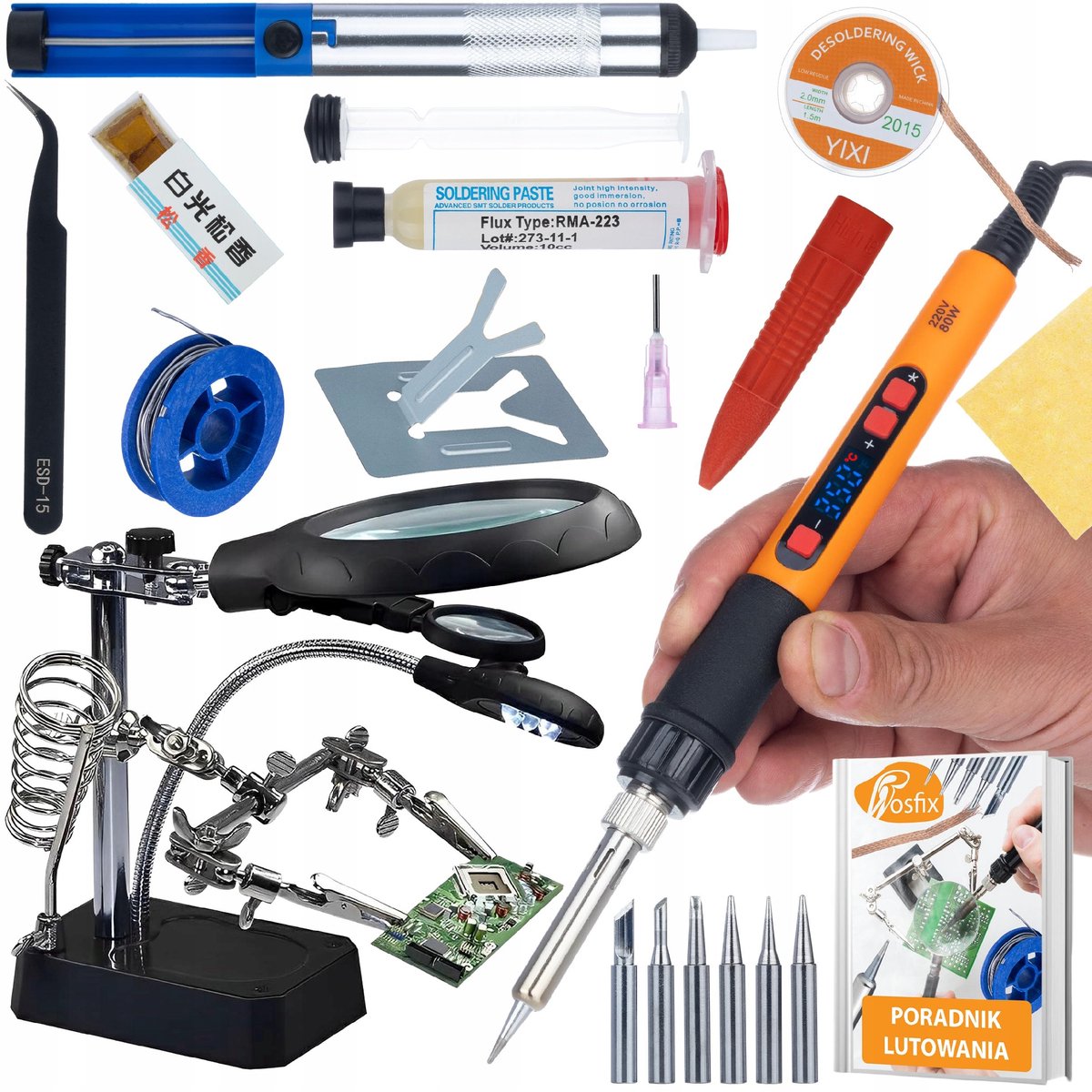 Rosfix Soldeerbout Set 7-in-1 - 80W Soldeerbout LCD - 180–500°C, Ontloddingspomp, RMA-223 10cc