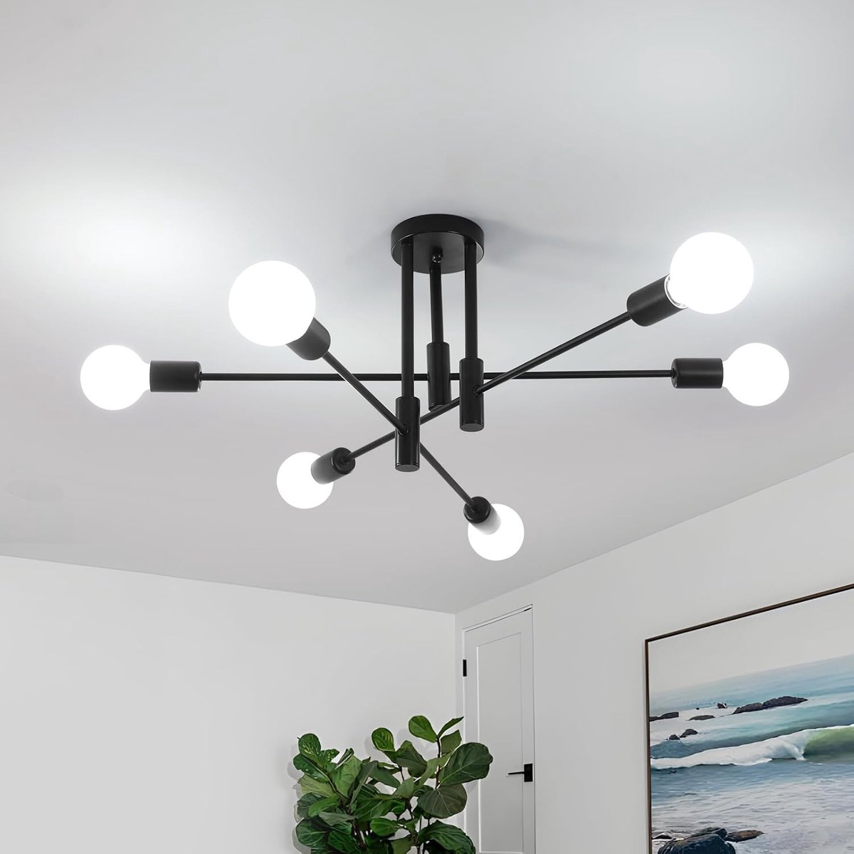 Industriële Plafondlamp - Zwart - 70 cm - Metalen Kroonluchter met 6 Draaibare Armen - Voor Woonkamer, Slaapkamer, Keuken
