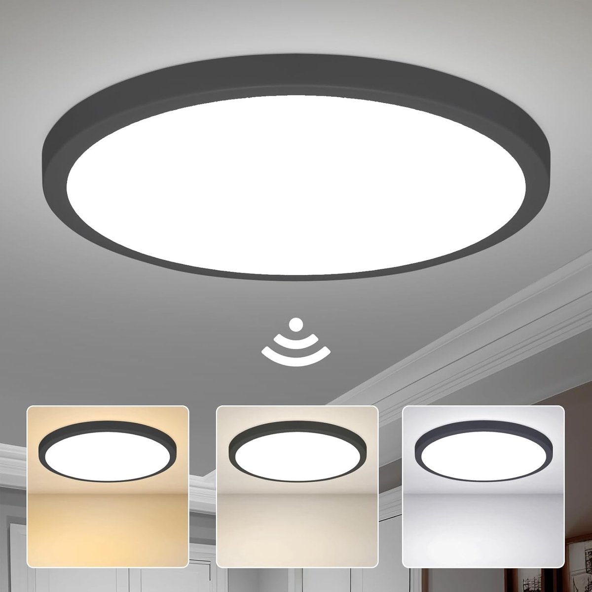 LED-Plafondlamp - Zwart - 30 cm - 24W met Bewegings- en Schemersensor - Voor Hal, Trap, Veranda, Garage, Balkon