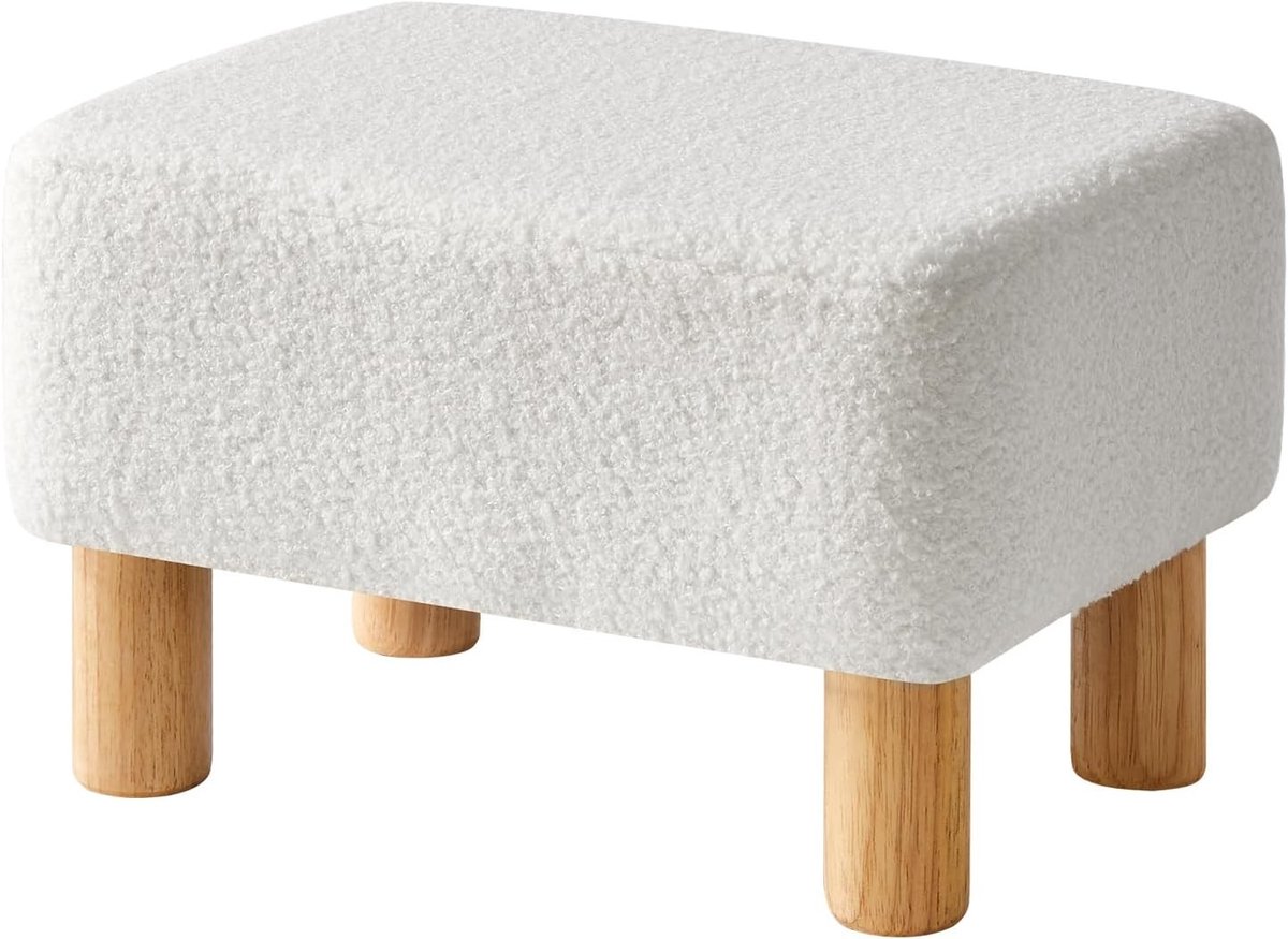 BSS® Voetenbankje / Poef – Rechthoekig – Zachte Gewatteerde Zitting – Met Houten Poten 40 × 29 × 25 cm – Wit