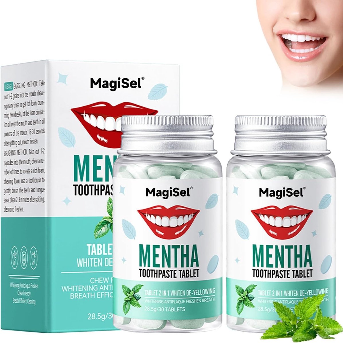 Natuurlijke Whitening Tandpasta Tabletten voor Glanzende Tanden, Hydroxyapatiet en Mondverzorging met Kokosolie en Munt (60 Stuks)