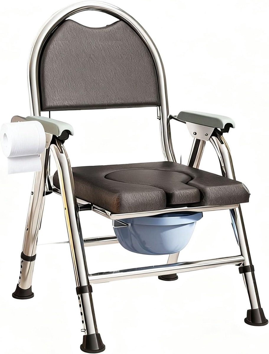 Verstelbare Commode Stoel - Draagbaar Toilet - Thuiszorg Ondersteuning - Stabiel Versterkt Frame - 5 Posities - Zwart