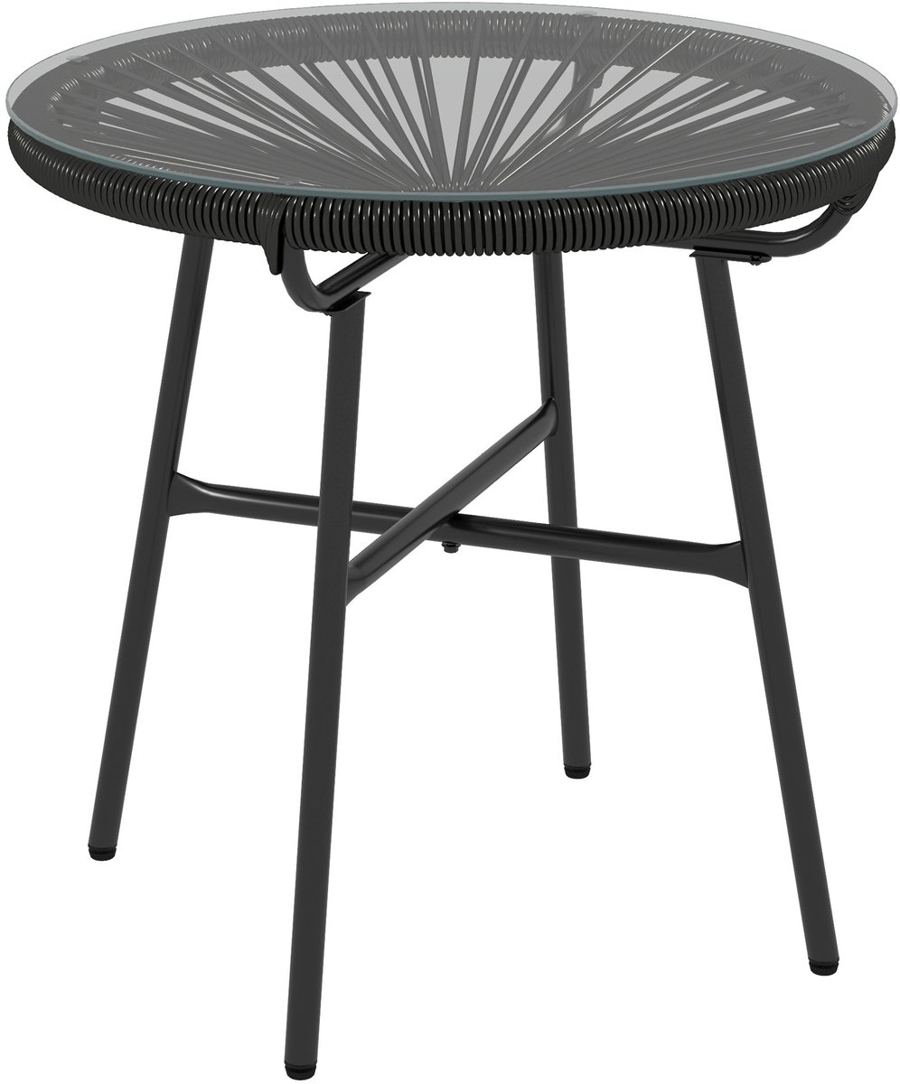 Tuintafel in boho - stijl - bijzettafel voor buiten - PE - rotan - gehard glas - weerbestendig - 50 cm x 50 cm x 50 cm - zwart