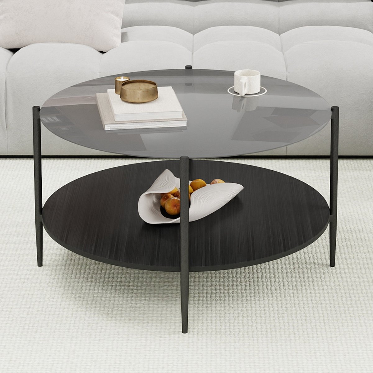 Wishdor Ronde salontafel - Modern minimalistisch - Tweelaags - Glazen blad - Hout en metaal - Zwart - 82 cm - Woonkamer