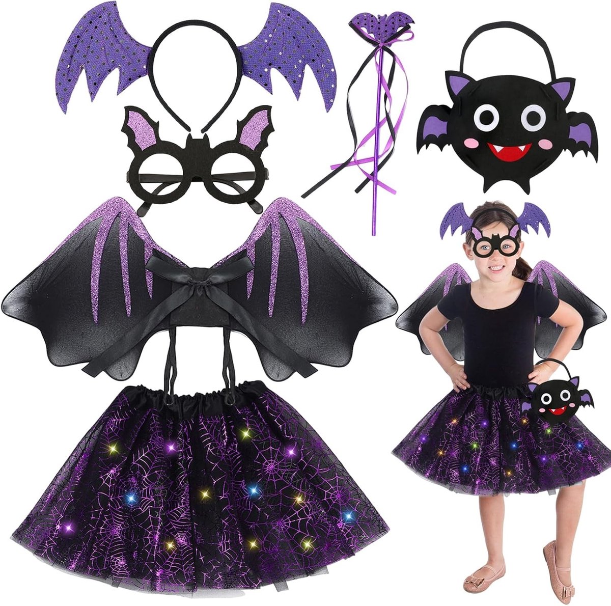 Vleermuiskostuum voor kinderen, 6-delig Halloween-kostuum voor meisjes, ideaal voor carnaval, themafeesten en cosplay