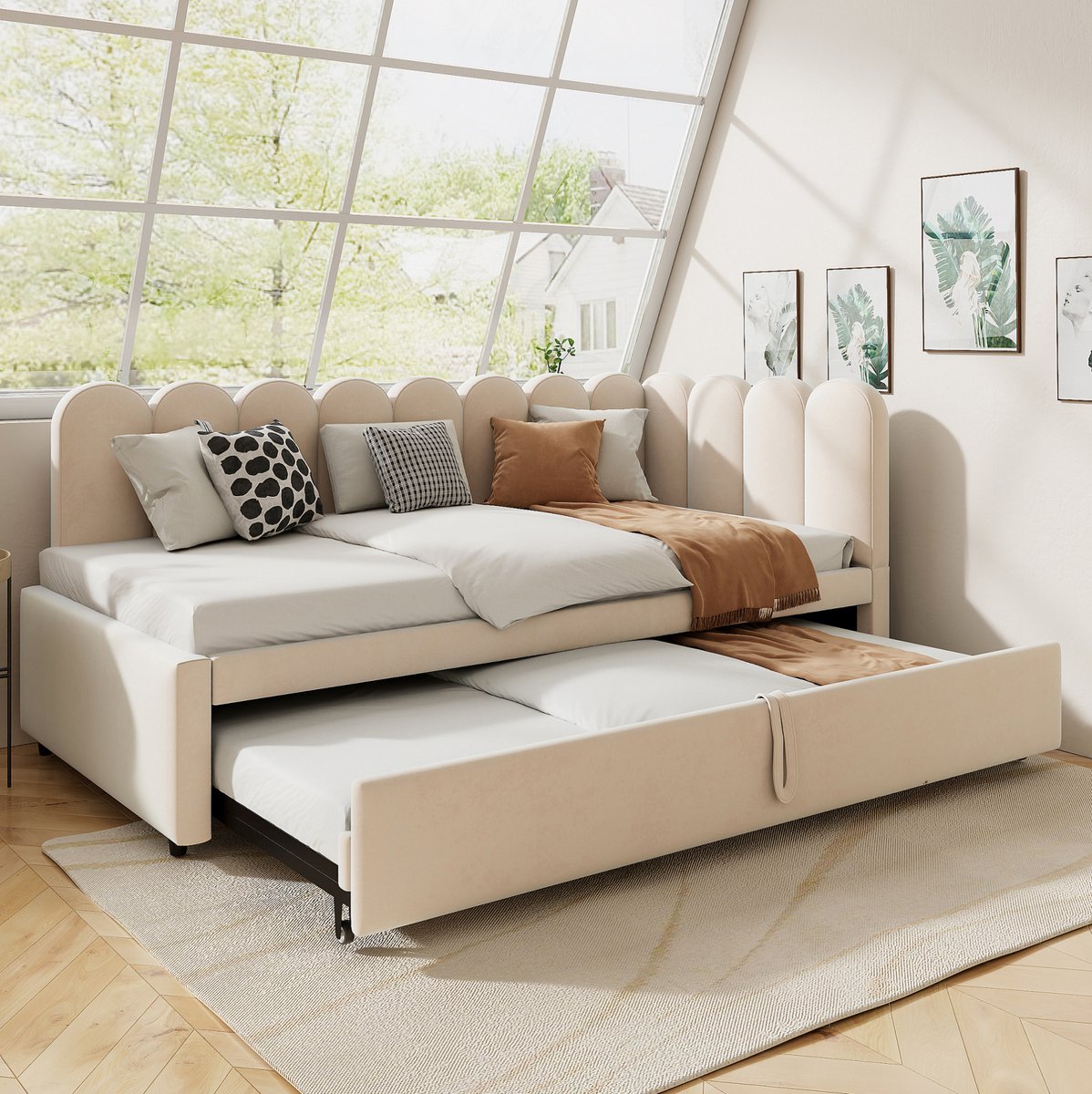 COVREO Slaapbank 90x200 cm beige stof, L-vorm met uitrekbaar bed