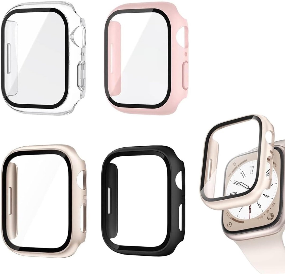 4 stuks beschermhoezen met displaybeschermfolie voor Smartwatch 44 mm, harde PC hoes, ultradunne behuizing, krasbestendig gehard glas, accessoires voor horloge en smartwatch bescherming