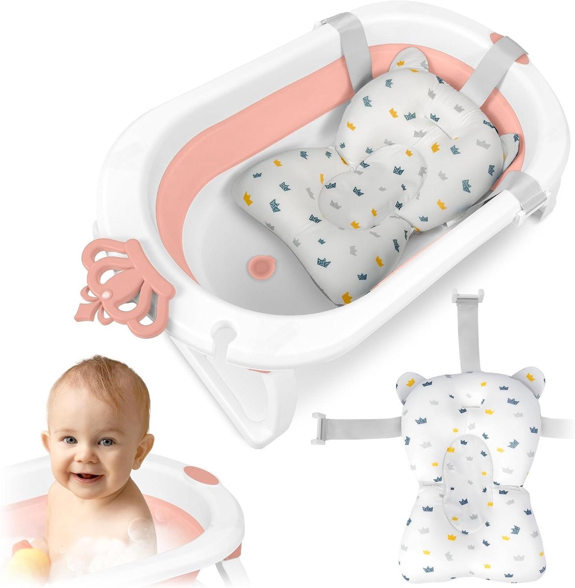 Babybadje Opvouwbaar - Draagbaar Badje - Veilig Baden - Met Temperatuurindicator - Compact Opvouwbaar - Wit Roze
