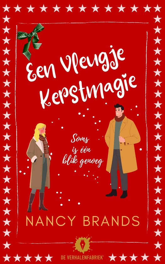Couverture de livre "Een vleugje Kerstmagie". Un homme et une femme se tiennent sur fond rouge étoilé. La femme porte un manteau et une écharpe beiges, l'homme un manteau ocre.