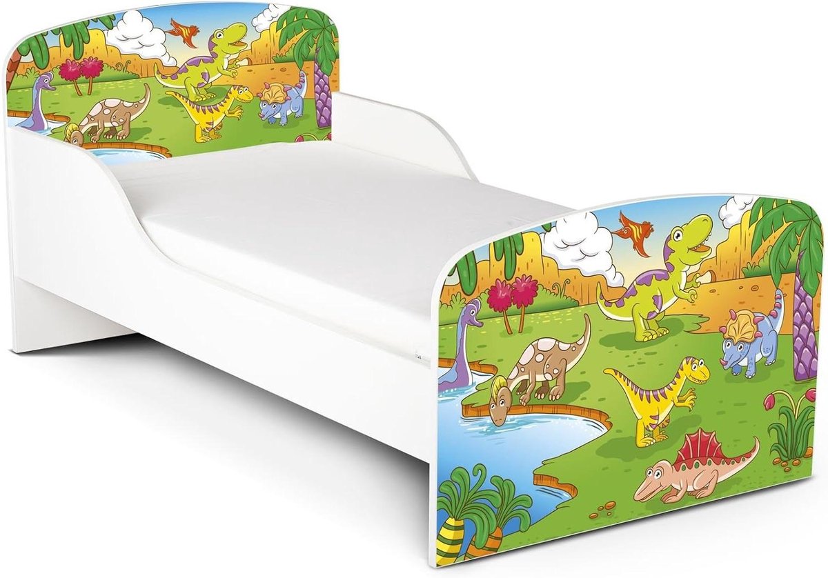 Kinderbed met matras - Peuterbed dino - Veilige slaap - Verhoogde zijpanelen - 140x70 cm - Dino print