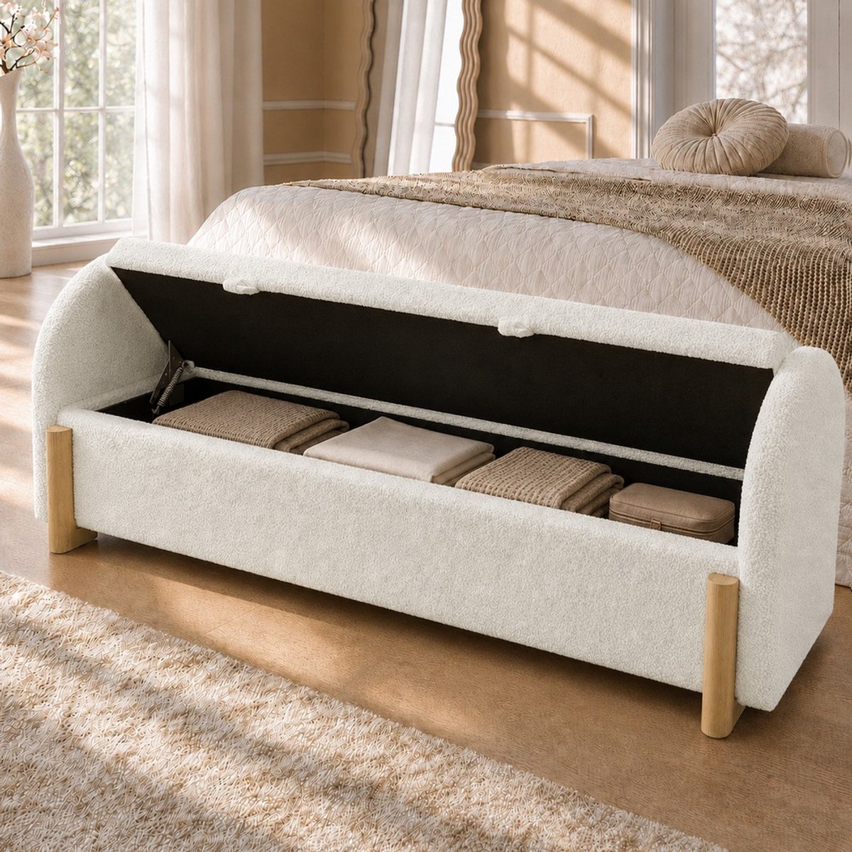 Pugsdrly Slaapbank met hydraulische opbergruimte 166 cm wit - gestoffeerde bank met chenille bouclé-stof, opbergbank met gasveersysteem & soft-close, U-vormige houten poten, draagvermogen 150 kg, 166x47x61 cm