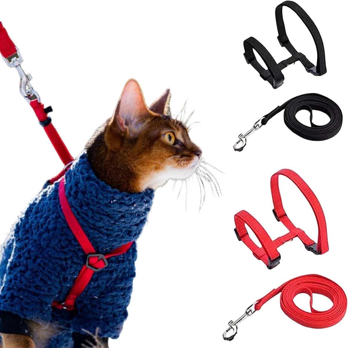 Kattenharnas - Zwart en Rood - Verstelbaar Nylon Kattenharnas met Riem - Voor Kittens en Katten