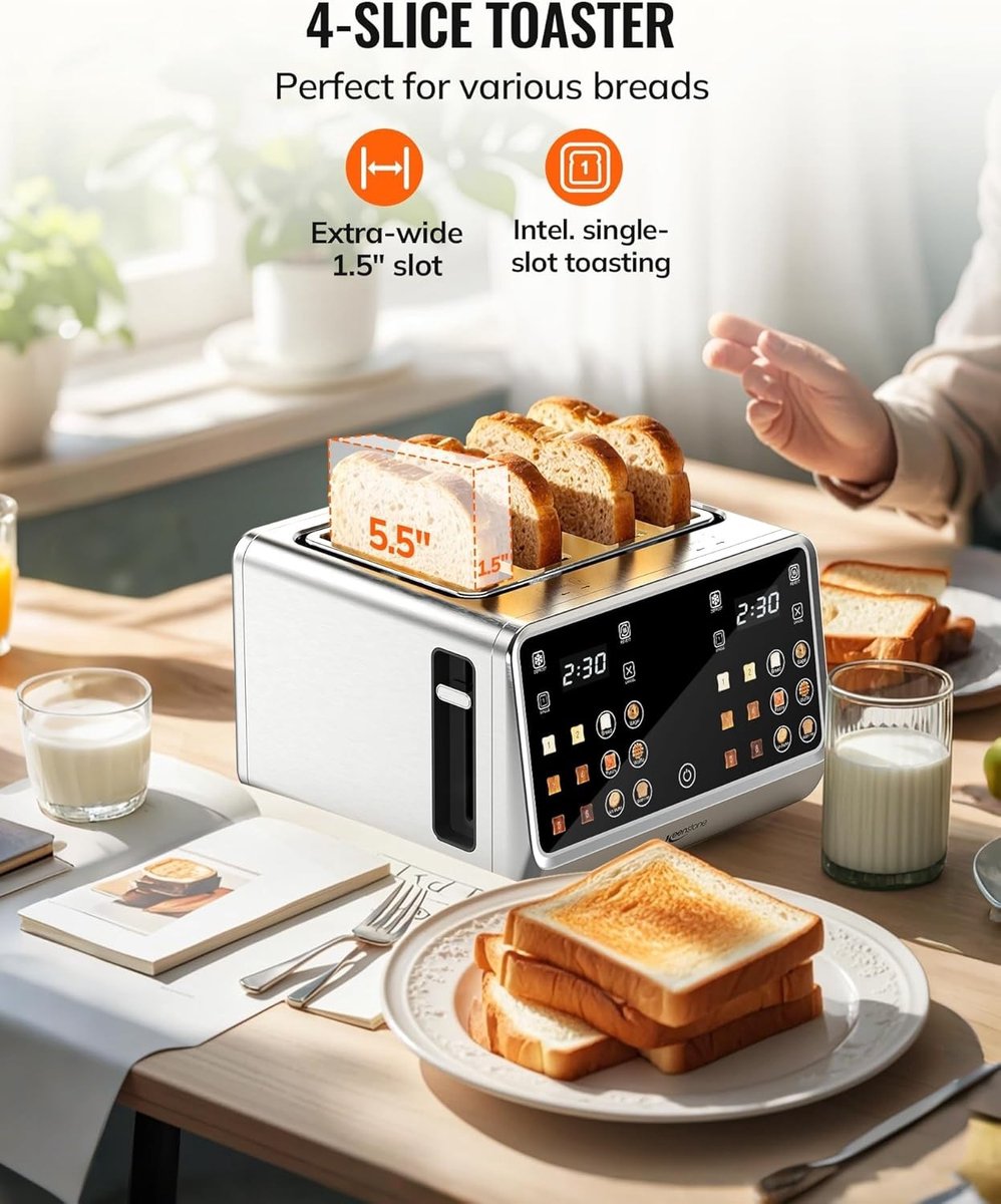 Broodrooster met tostiklemmen - Zilver - L - 4 Sleuven Roestvrijstalen Toaster met Touchscreen en Dubbele Bediening - Voor Gezinnen