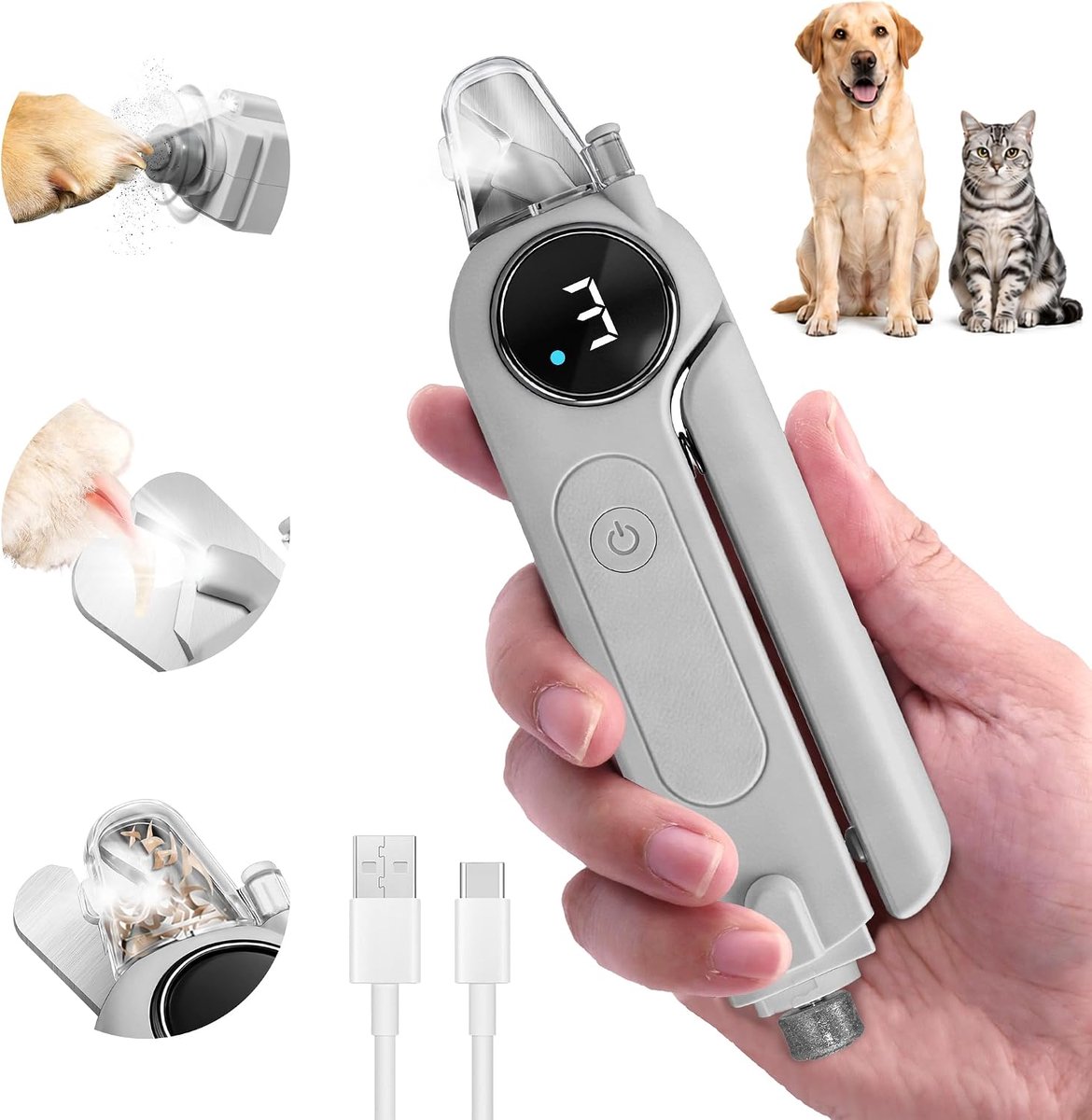 Stille 2-in-1 Elektrische Nagelknipper en – Slijper voor Huisdieren met Verlichting – Elektrische Nagelvijl voor Huisdieren - voor Honden en Katten – Dubbele Ledverlichting –Slijper met 3 Snelheden – Oplaadbaar Via USB-C – Grijs