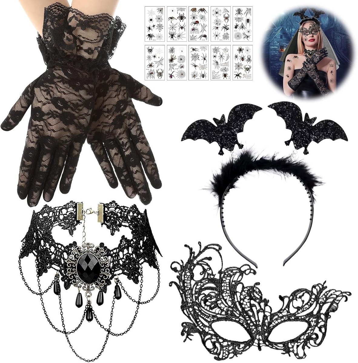 Halloween Kostuum voor Vrouwen met Gothic Accessoires, Vampier, Spinnen en Bat Haarbanden, Sexy Kanten Masker en Venetiaanse Maskers voor Carnaval en Feestjes