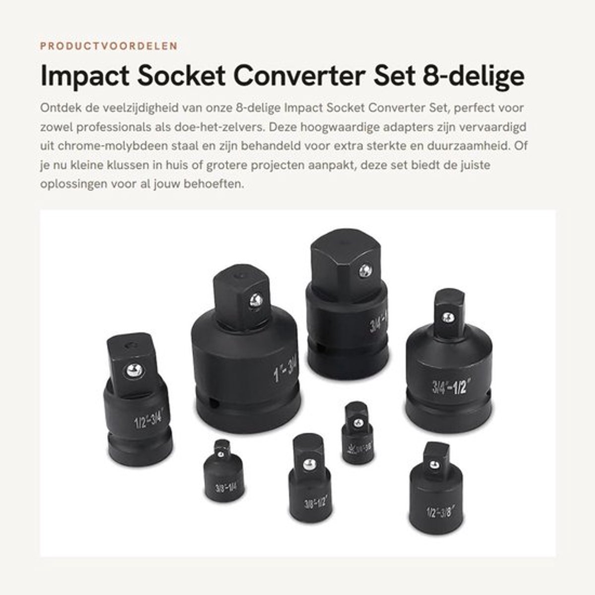 Impact Socket Converter Set - 8-delige Set - Incl Rood Opbergdoosje - 1/4 tot 1 Inch - Handige Gereedschap Set - Duurzaam en Betrouwbaar...