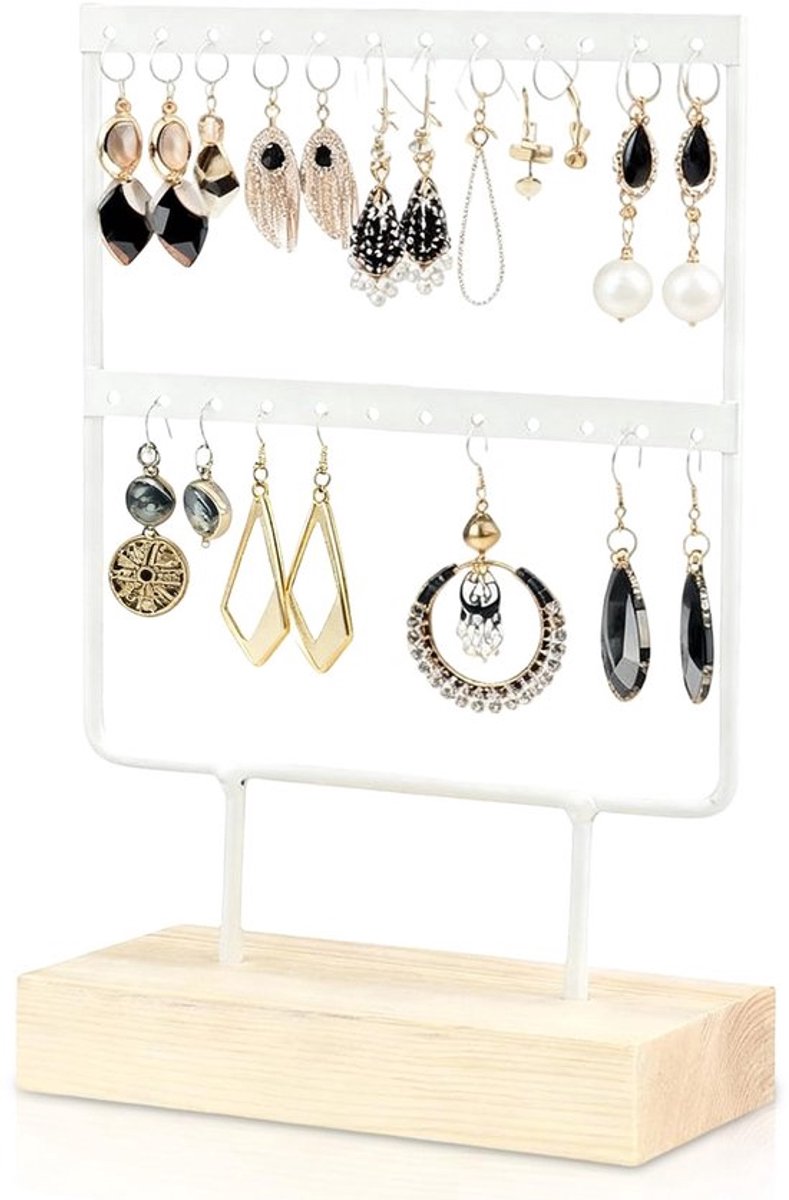 Oorbelhouder 2-laags - Sieradenrekje - Houten Sieradenstandaard - Oorbellenrek - Sieraden Organizer - 24 Gaten - Sieradenrek