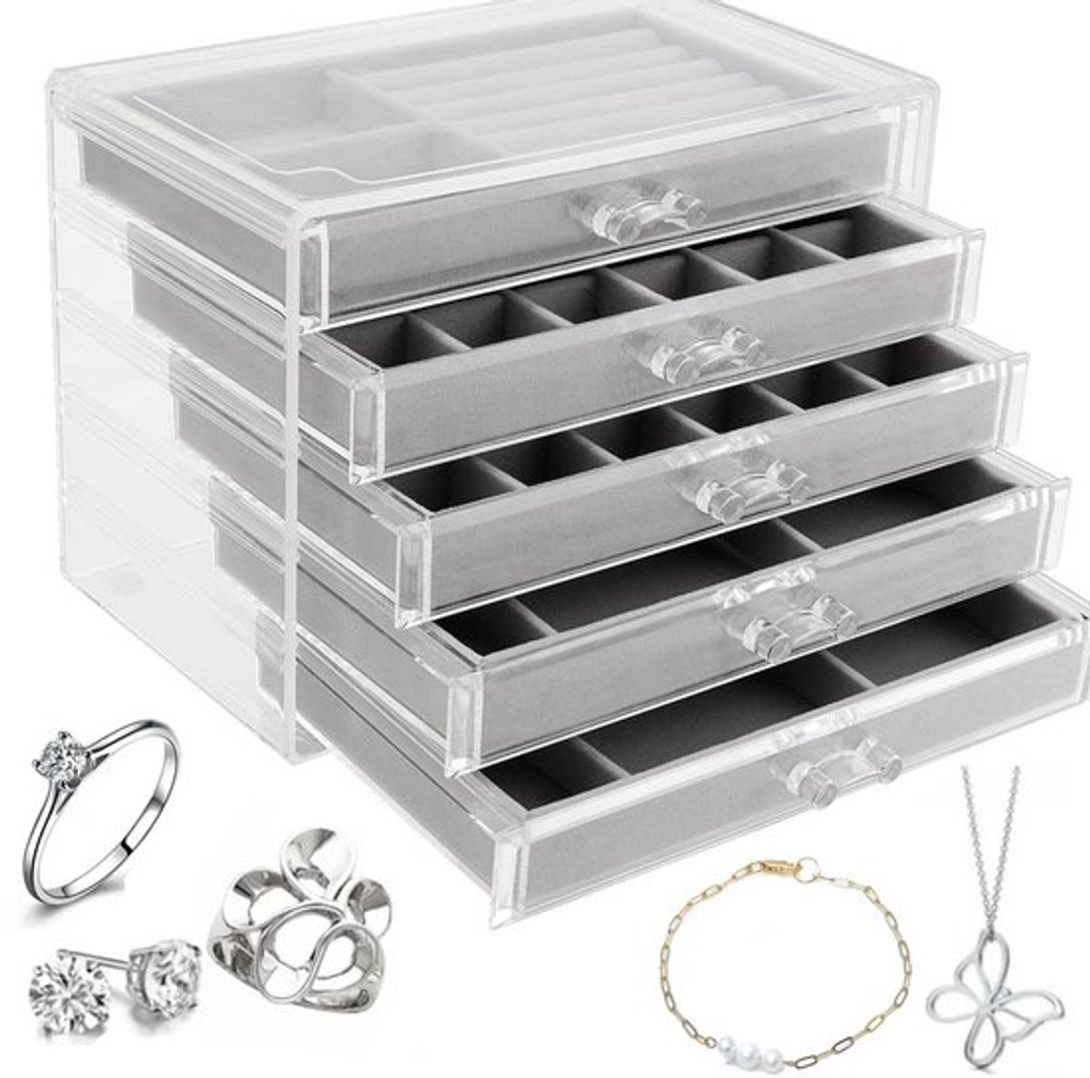 Sieradendoosje 5 Laden - Sieraden Organizer - Fluwelen Opberger - Transparant Acryl - 23,7 x 17,5 x 15 cm - Perfect voor Ringen/Halskettingen - Sieradenorganizer
