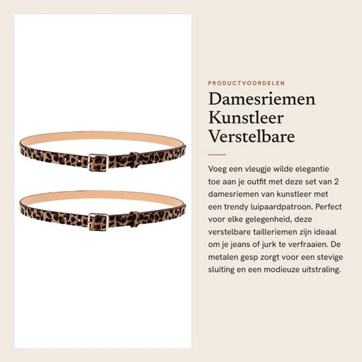 Damesriem Set van 2 - Kunstleer - Verstelbare Tailleriem - Metalen Gesp - Luipaardpatroon - 105x3,3x0,3 cm - Riem
