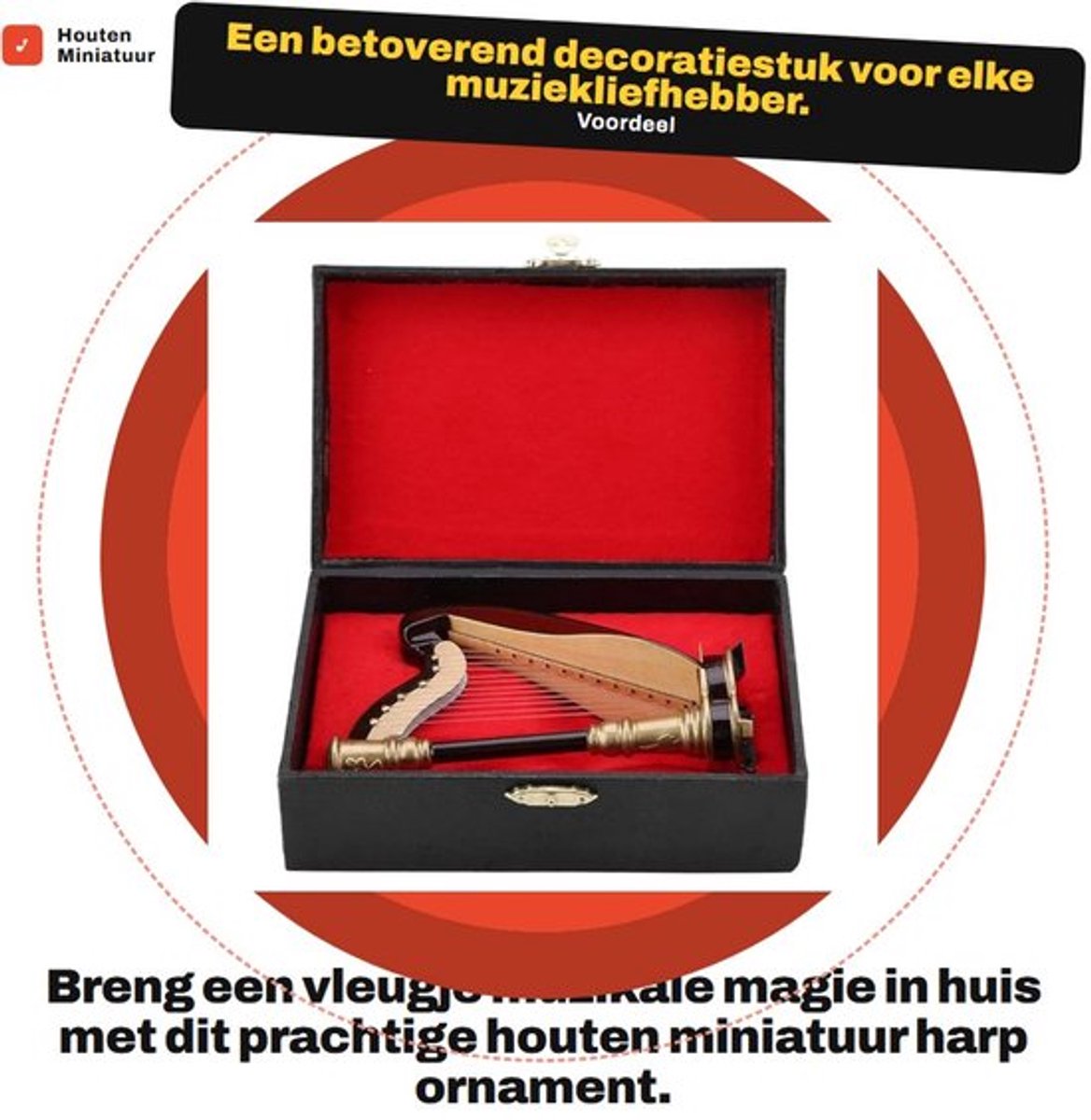 Miniatuur Harp Ornament - Houten Decoratie - Muzikaal Instrument Replica - Cadeau voor Muzikanten - Inclusief Standaard - Afmetingen 4,5x8,5x14 cm
