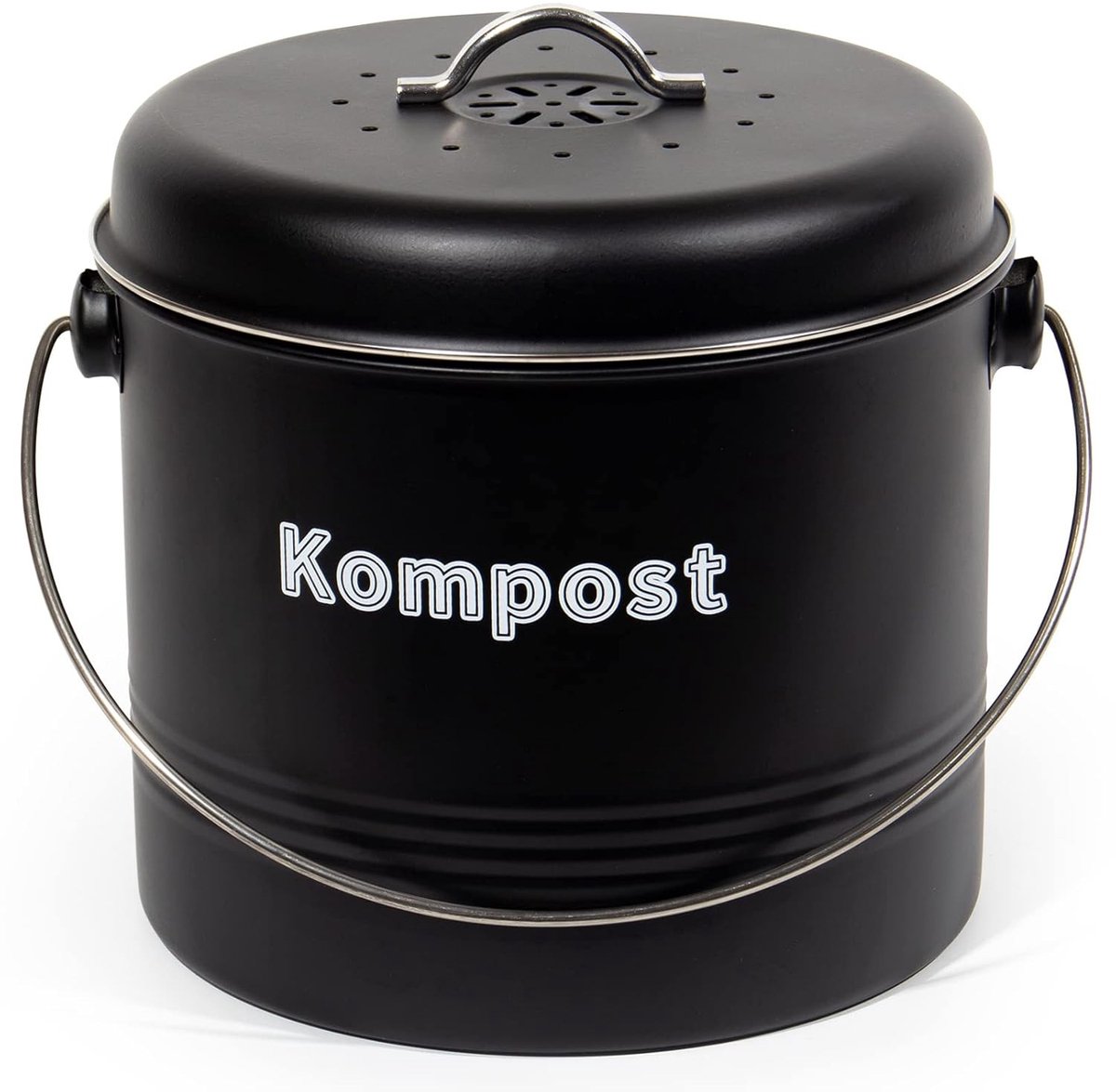 Organic Keukenafvalbak - 7 L - Geurloze Biologische Prullenbak met Geactiveerde Koolstoffilters - Metaal Compostbak - Retro Biologisch Afval (Mat Zwart)