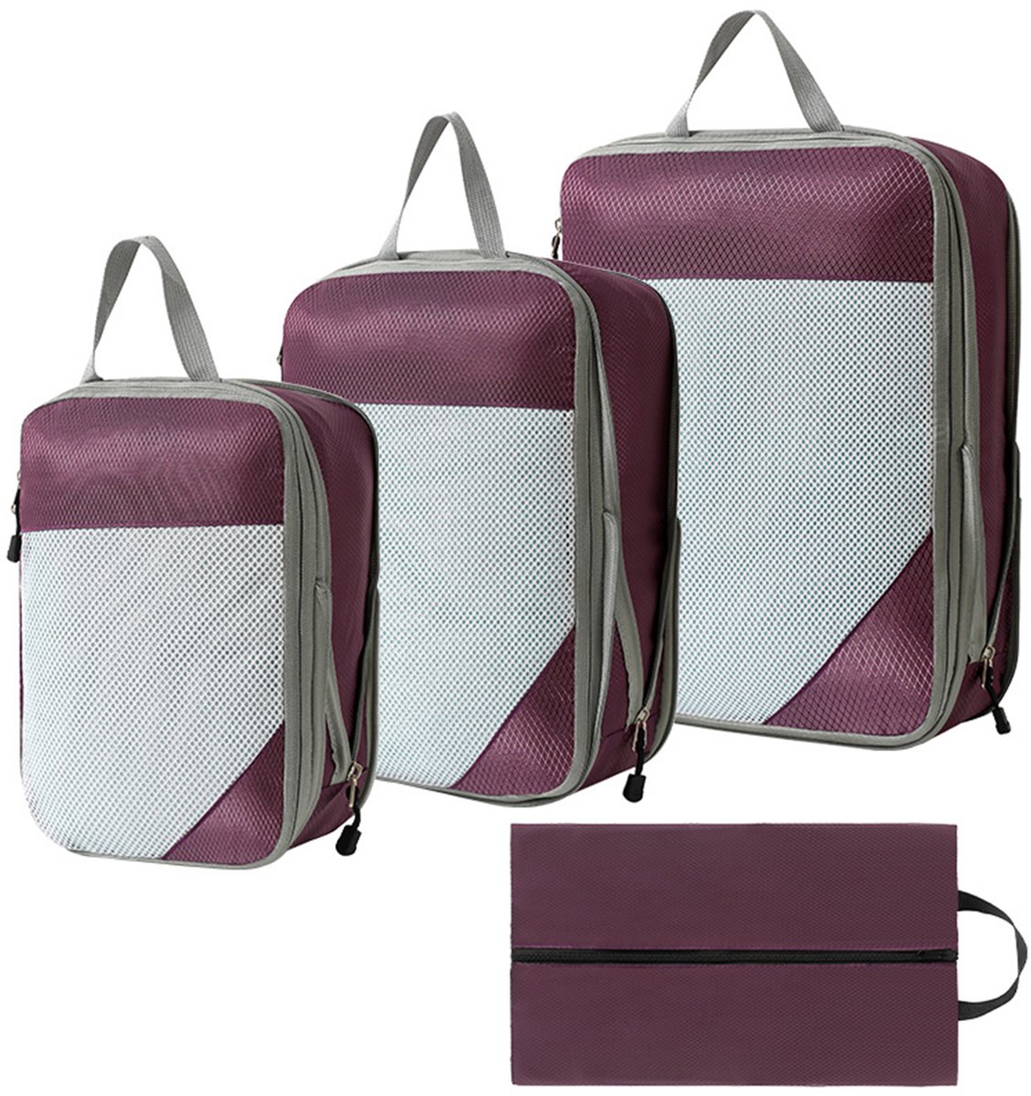 MODFU Compressiezakken voor Kleding – 4-delige Reis Set met 3 Cubes & 1 Schoenentas – Ruimtebesparend & Waterdicht – Oxford Stof – Paars – 40x30x9 cm