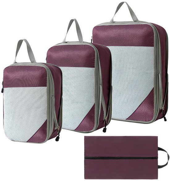 Drie paarse compressiezakken met witte mesh panelen en een paarse schoenentas.