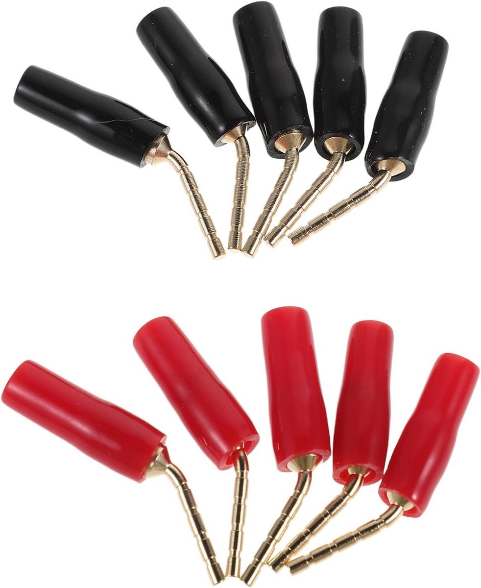 Haakse Banaanstekkers - Luidspreker Connectoren - Audio Installatie - Vergulde Pinnen - 10 Stuks - Rood Zwart