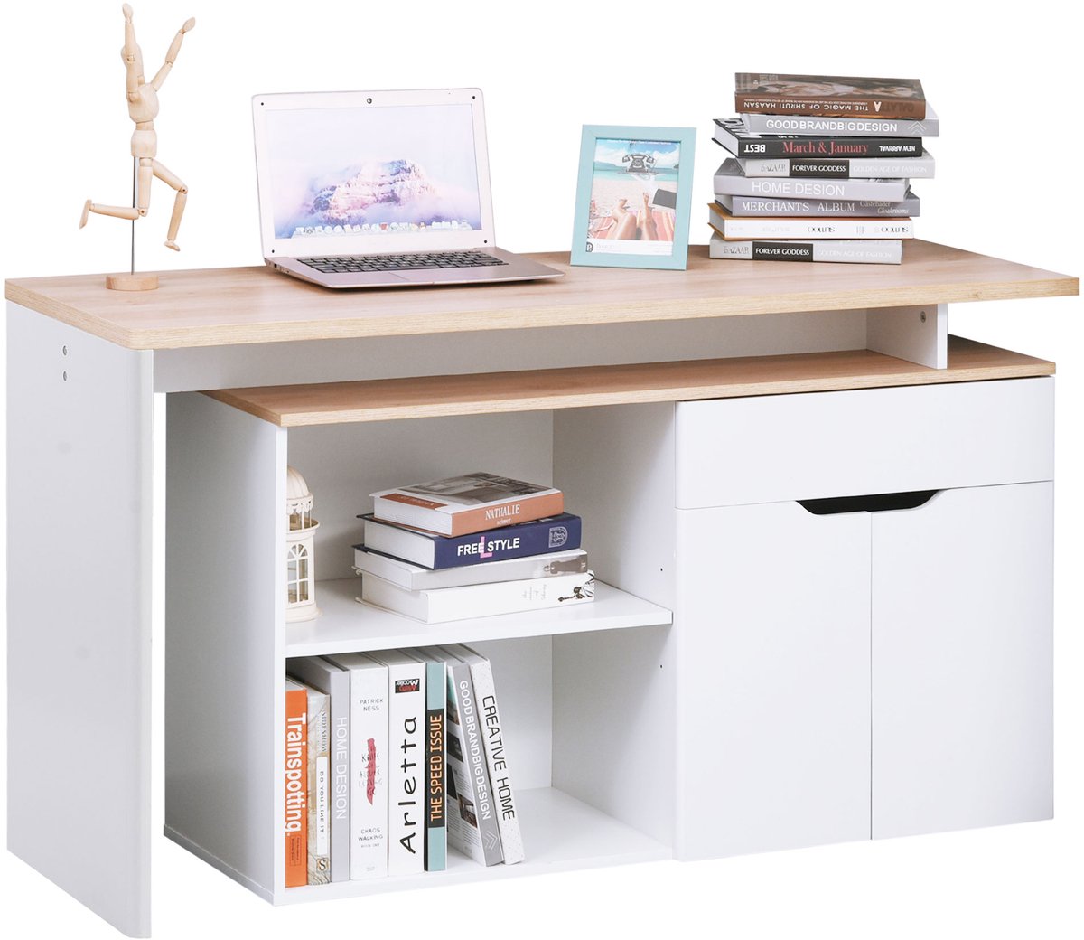Multifunctionele kast - 140 cm - houten kast - met 2 deuren - 1 lade - 2 open vakken - afmetingen: 140 x 117 x 7 cm
