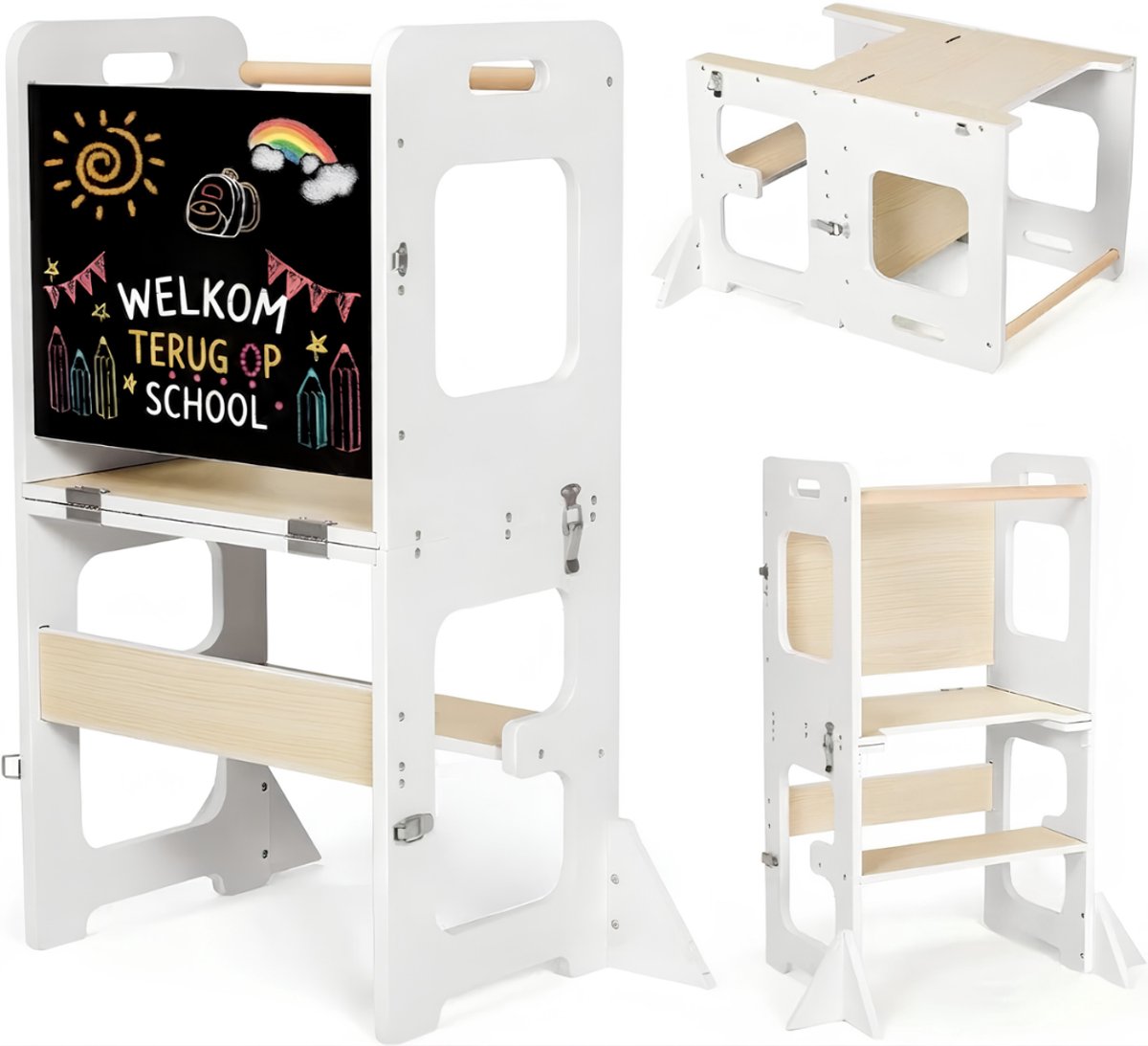 Lìon® Leertoren Inklapbaar - 3-in-1 Multifunctionele Leertoren - Leertoren voor Kinderen - Wit - 42cm x 30cm x 80cm