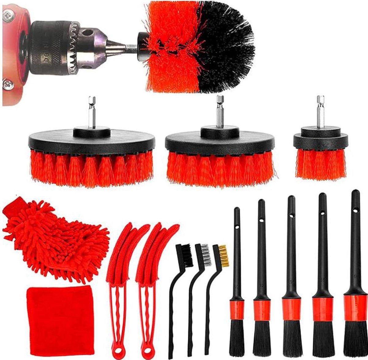 Auto Reinigingsset - Detailing Borstels - Auto Poetsen - 16 Delig - Diverse Maten - Rood