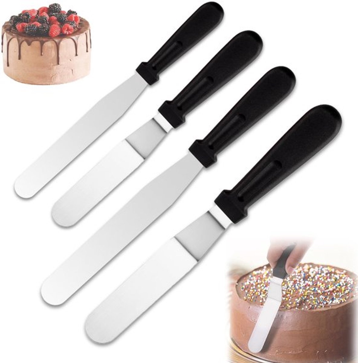 Paletmes 4 Stuks - Roestvrijstalen Taartspatel - Offset Spatel - Antislip Handvat - Flexibel en Duurzaam - Voor Taartdecoratie