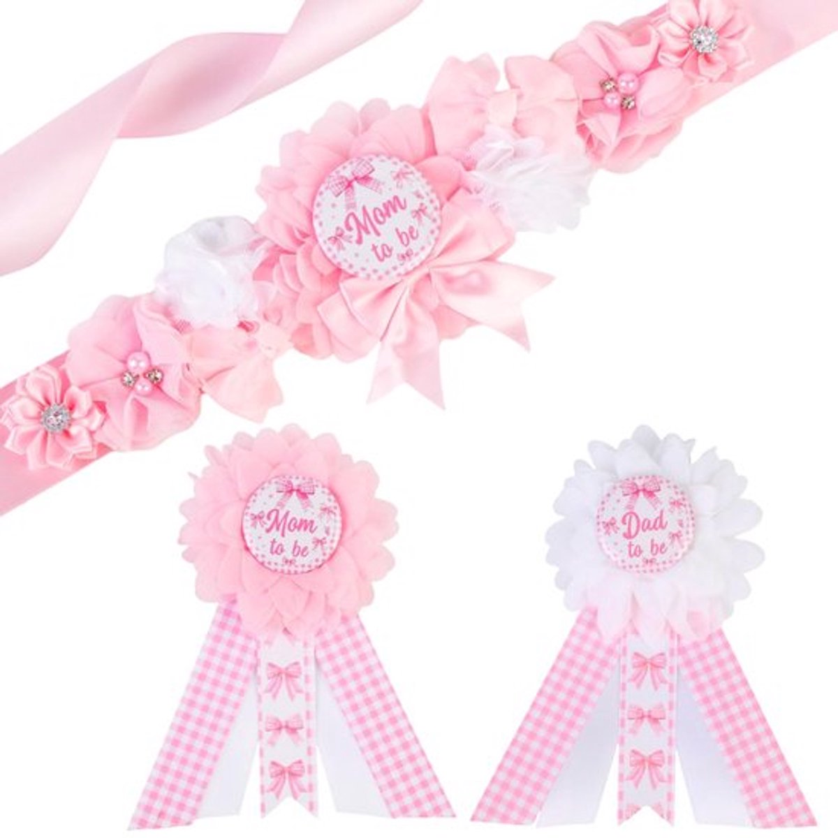 Baby Douche Boog Roze Strik Thema - Corsage Pin Mama/Papa - Decoraties Zwangerschap - Feestdecoratie - Comfortabel Materiaal - Vrolijke Sfeer - Baby Shower Decoraties