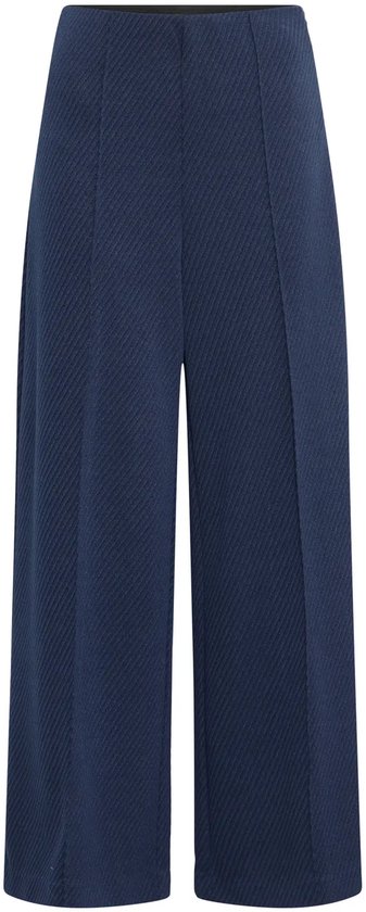 Donkerblauwe broek met wijde pijpen, uitgevoerd in een diagonaal geweven stof.