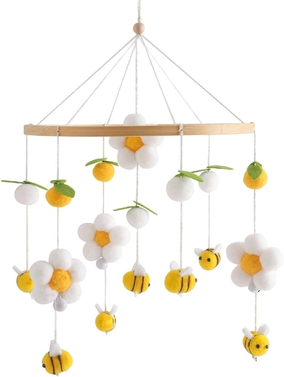 Babykamer Mobiel - Wiegdecoratie Houten - Babykamer Aankleden - Zacht Vilten Materiaal - 41x23cm - Geel