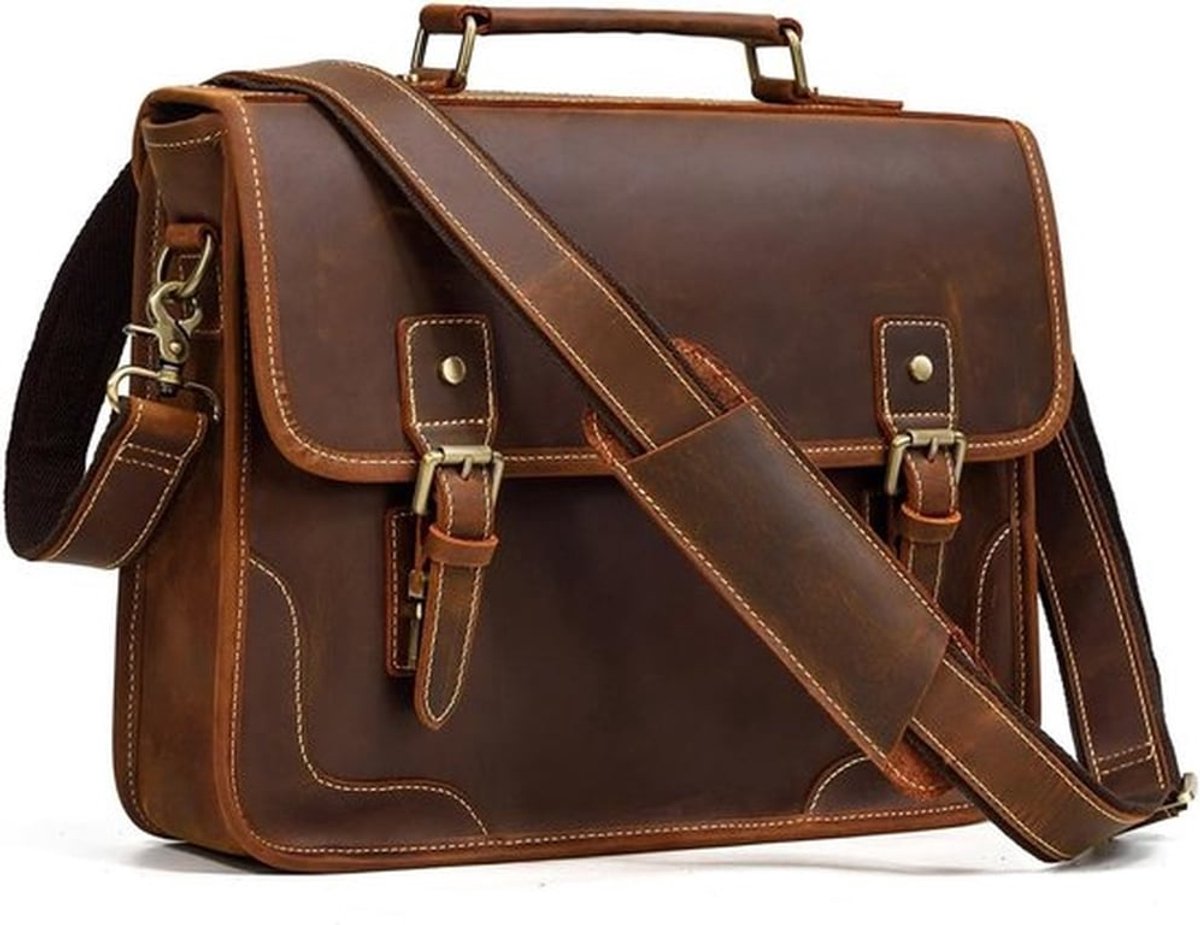 Stijlvolle leren vintage aktetas voor mannen, geschikt voor 14 inch laptop, moderne kantoor tas van echt buffelleer