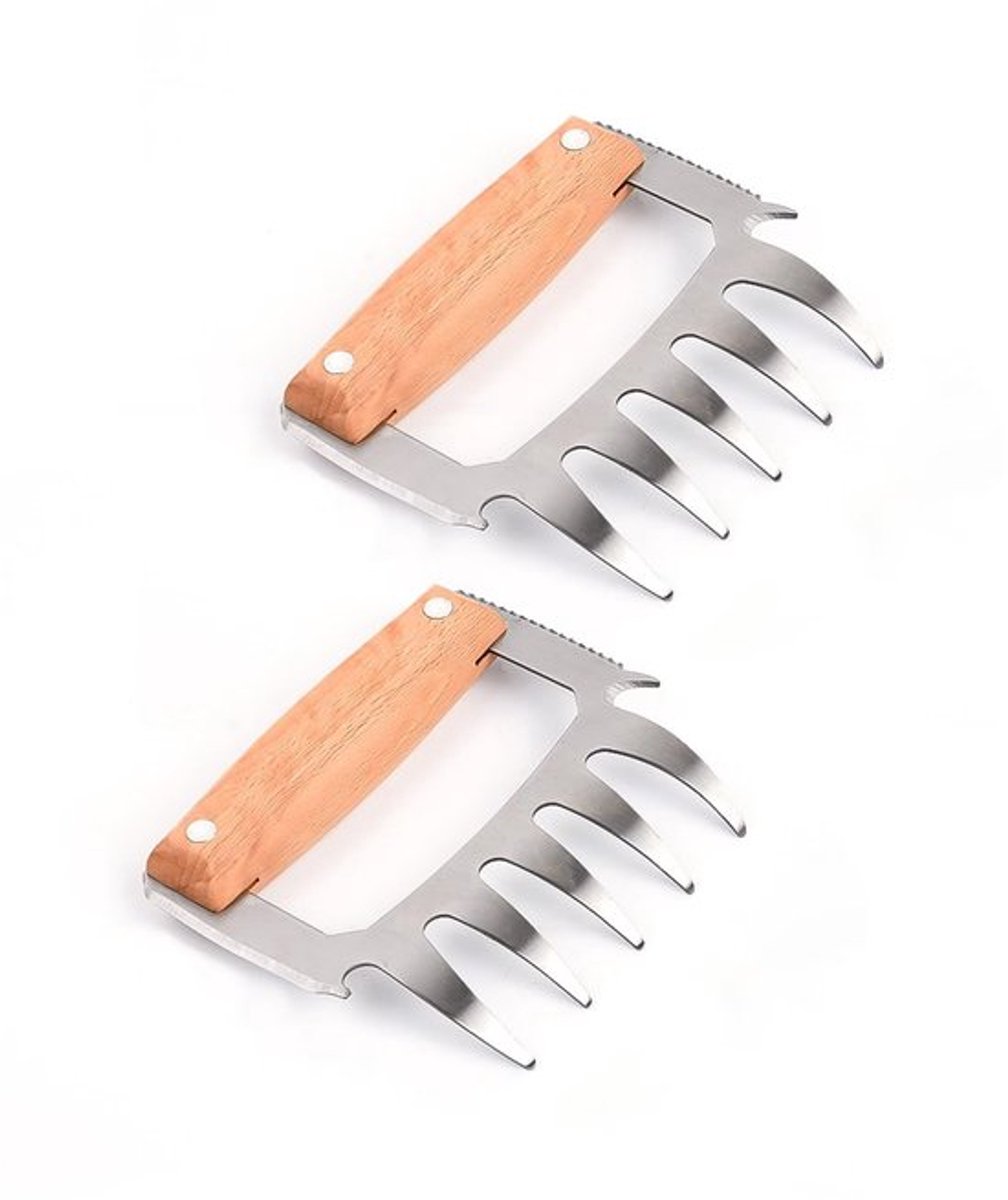Vleesscheiders 5-in-1 - Roestvrij Staal/Hout - Grillaccessoires - Afscheuren/Vastzetten - Openen van Flessen - Afmetingen 8,5 x 12,1 x 10 cm - Vleesklauwen