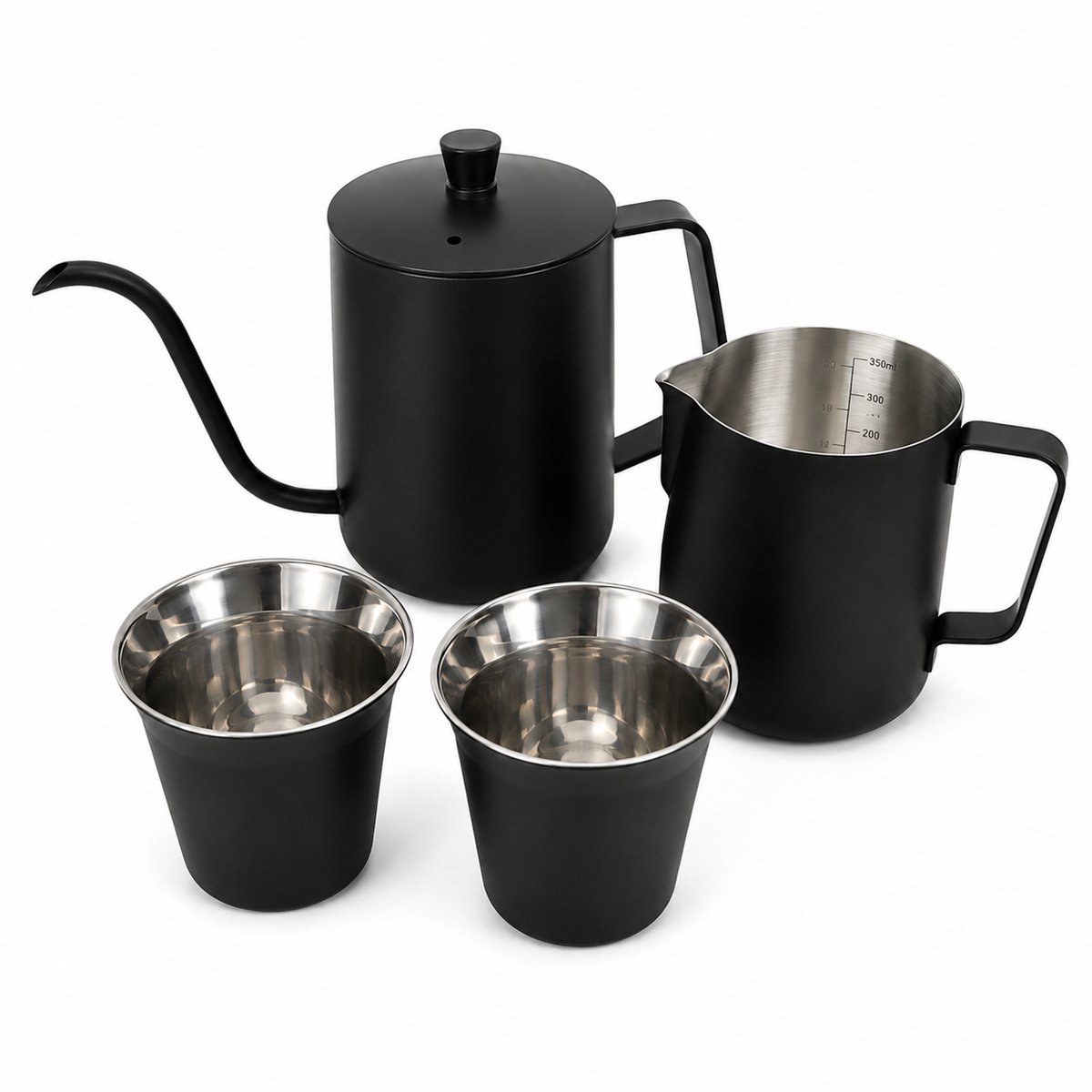 My Green Deal - RVS Koffieset – RVS Koffiekan 600 ml met Zwanenhals – 2 RVS Koffiekopjes 163 ml – Mat Zwart – 3-delig