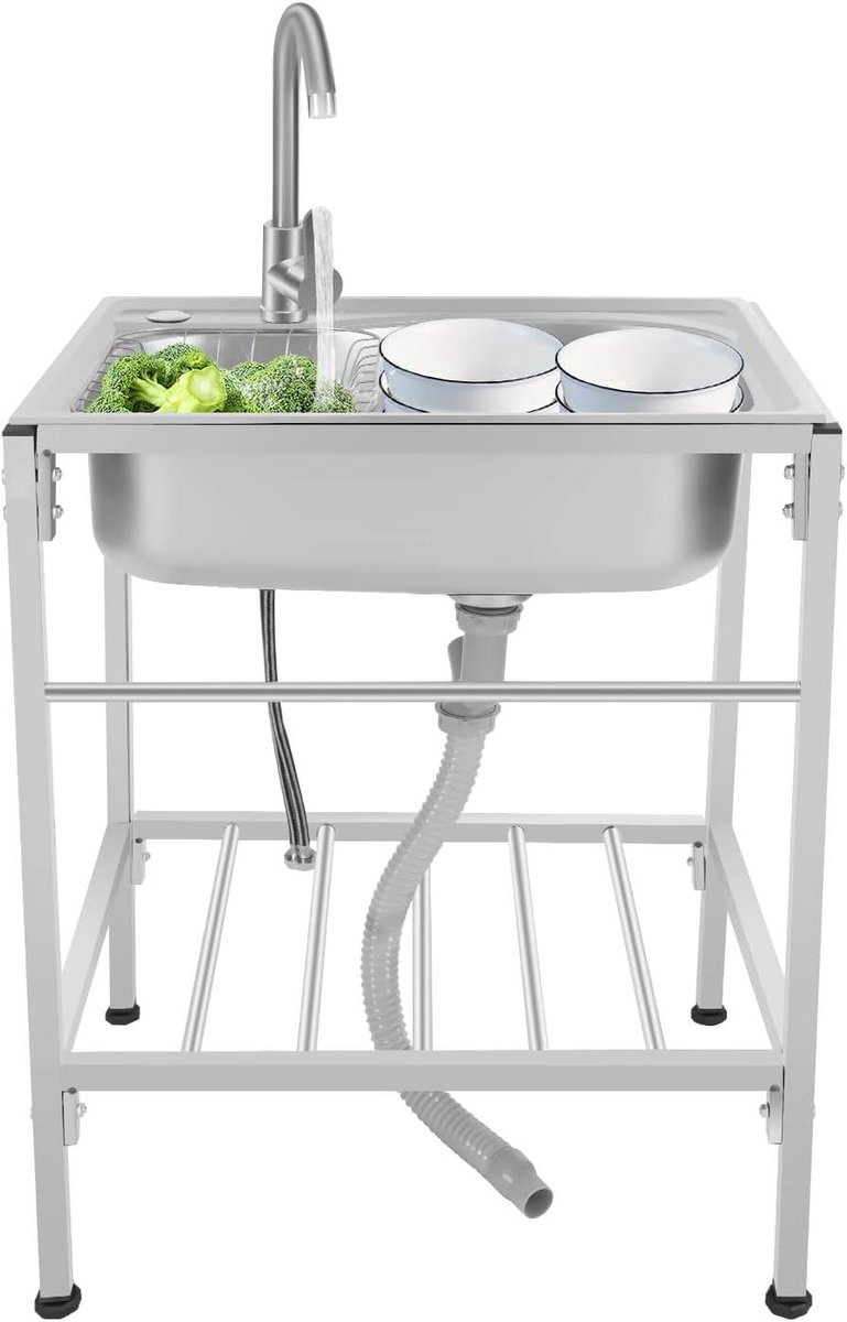 Mobiele spoelbak - Spoelunit RVS - Keukenwerk - Met 360° draaibare kraan - 58 x 43 cm - Zilver