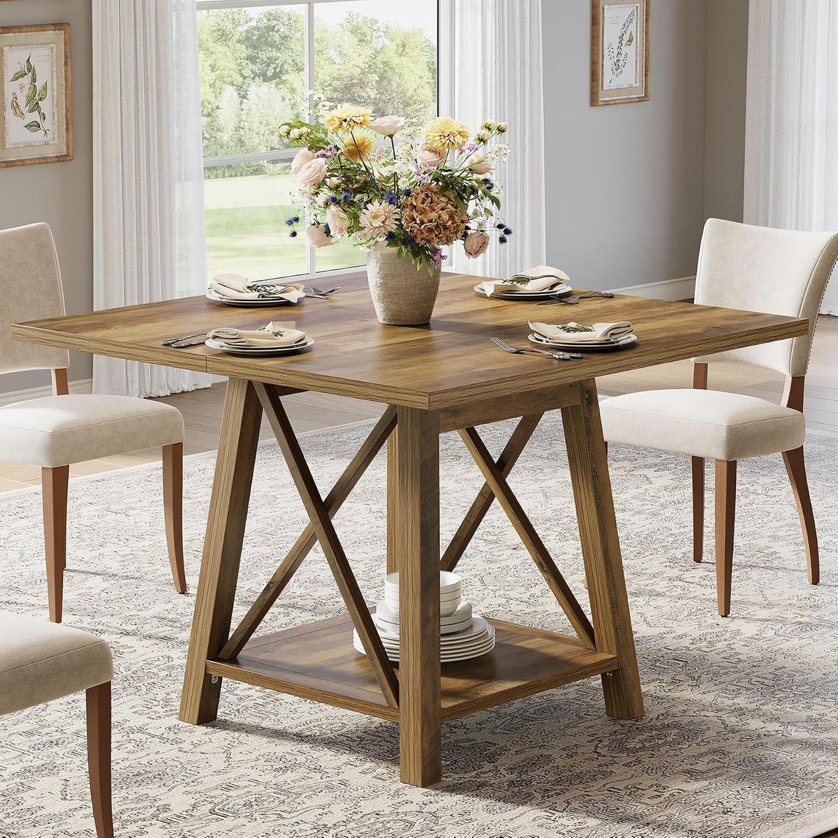 Eettafel Vierkant - Keukentafel Eetkamer tafel - Gezellig Tafelen - Met Opbergvak - 100 x 100 x 75 cm - Bruin