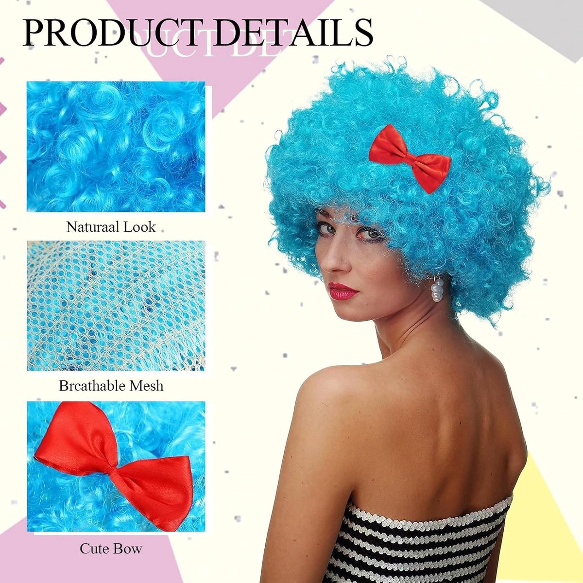 Set van 2 Lichtblauwe Pruik met Rode Strik voor Carnaval | Afro Look, 70s en 80s Rolspel, Feestaccessoires voor Clown en Disco Thema's