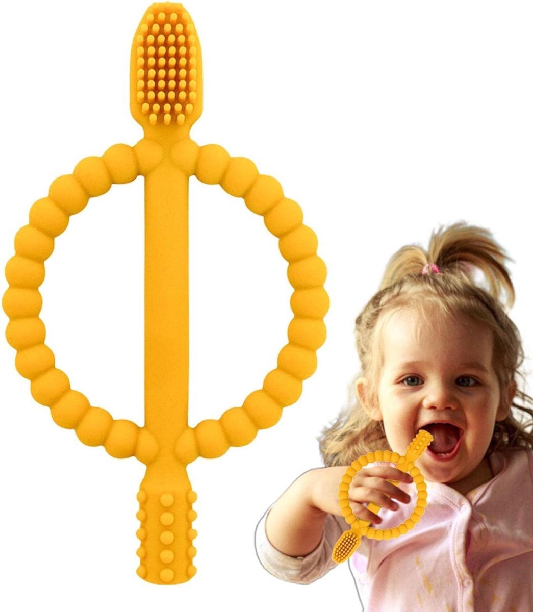 Baby Tandenborstel - Bijtring Tandenborstel - Tandjes Krijgen Verlichten - Veiligheidsschild - 12.5 cm - Geel verbrand