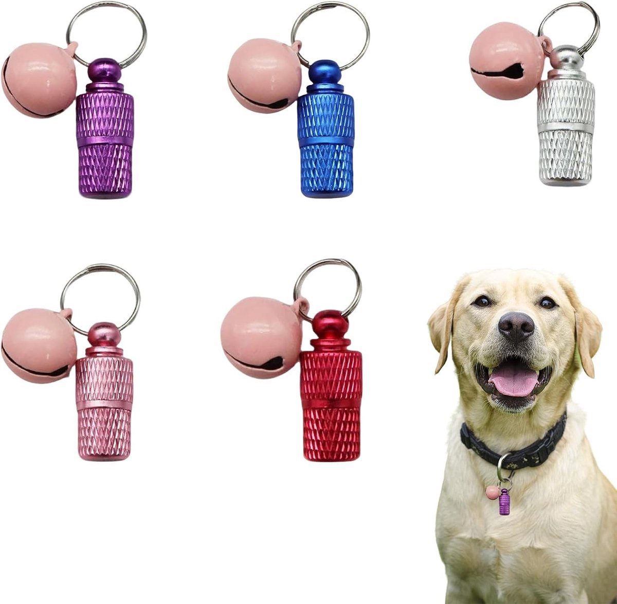 Vijf waterdichte identificatielabels voor honden en katten met bel, afneembare pendants in vijf kleuren voor contactinformatie en dagelijks gebruik