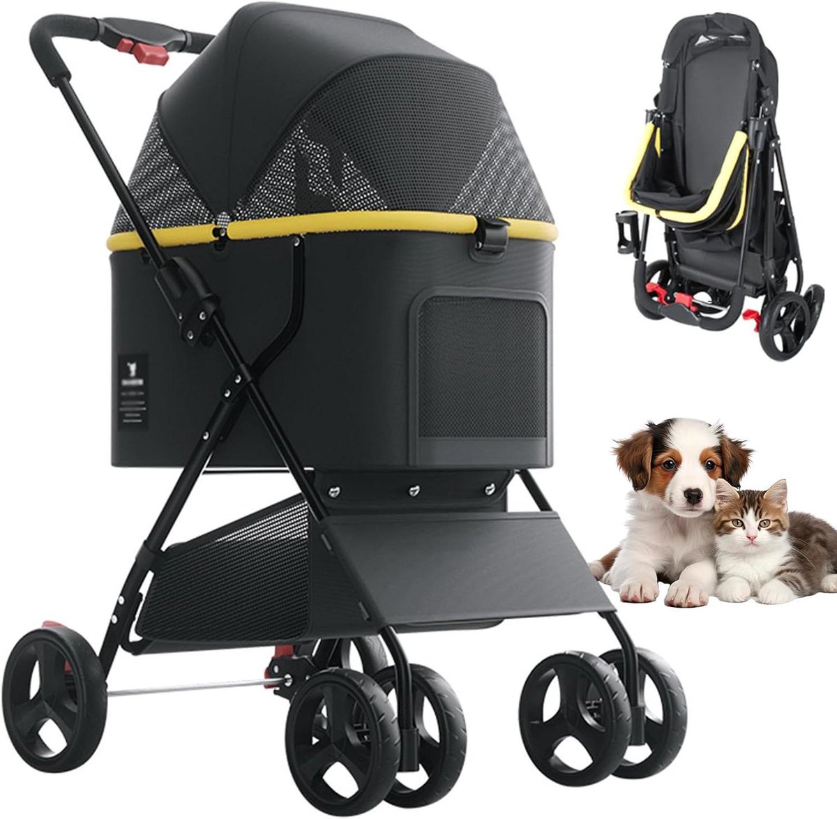 Hondenbuggy Opvouwbaar - Dierenwagen Lichtgewicht - Reizen met Huisdier - Geen Rits Ontwerp - Tot 15 kg - Zwart