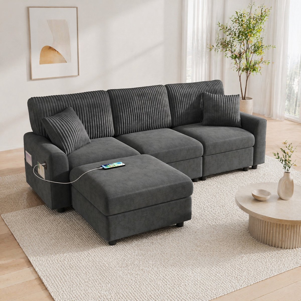 Wishdor Hoekbank met voetbank - 2 sierkussens - USB- en Type-C-oplaadpoort - links - zwart - 223 x 146 x 84 cm